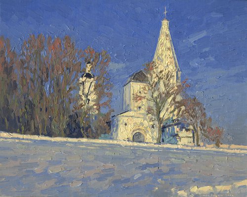 Frosty evening. View of the water tower and the Church of the Ascension by Simon Kozhin