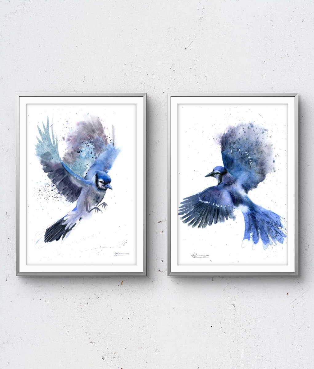 Illustrative Animal Watercolour By Olga Tchefranov (Shefranov), 22 X 15", Blue Jay In Flight - Diptych, Original Artwork