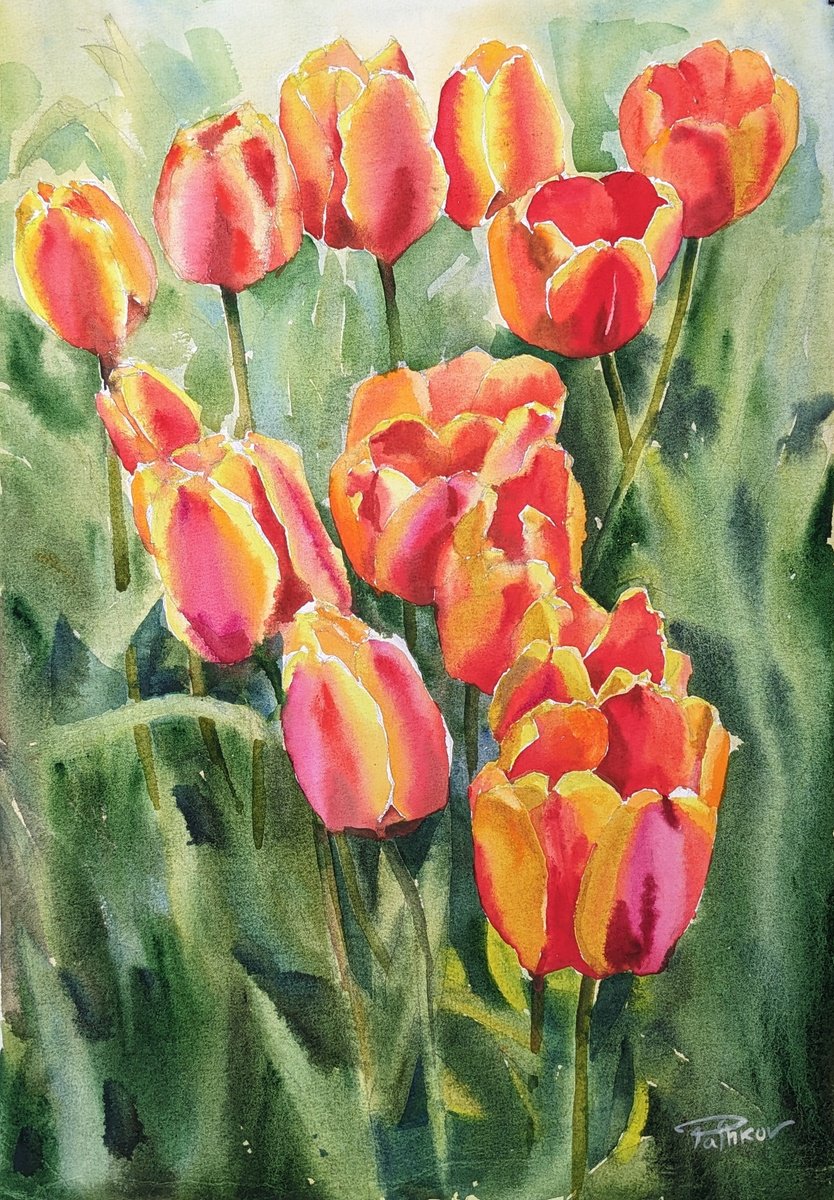 Impressionistic Botanical Watercolour By Yurii Pashkov, 15 X 22", Tulips#3, Original Artwork