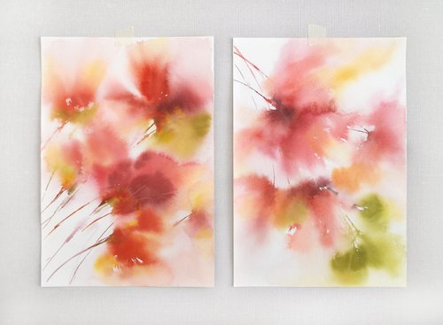 Red abstract flowers, floral set of 2 by Olga Grigo