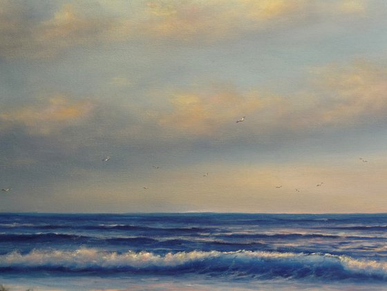 Wild Beach - seascape painting, coastal art, sunset, wave, sand