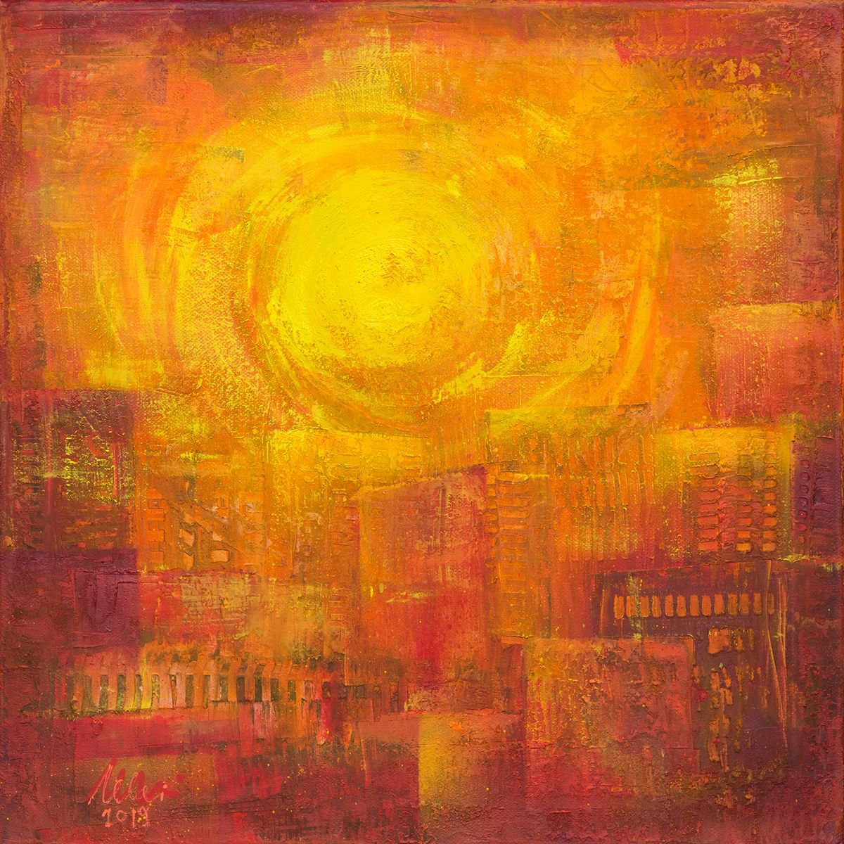 Geometric Abstract Acrylic Painting By Peter Zelei, 16 X 16", Sunrise In The City, Original Artwork