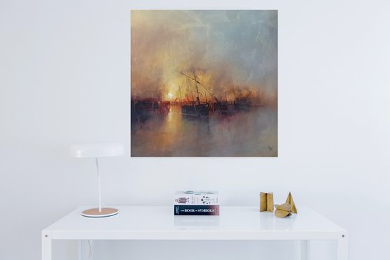 " Harbor of destroyed dreams - Hazy morning " W 70 x H 70 cm