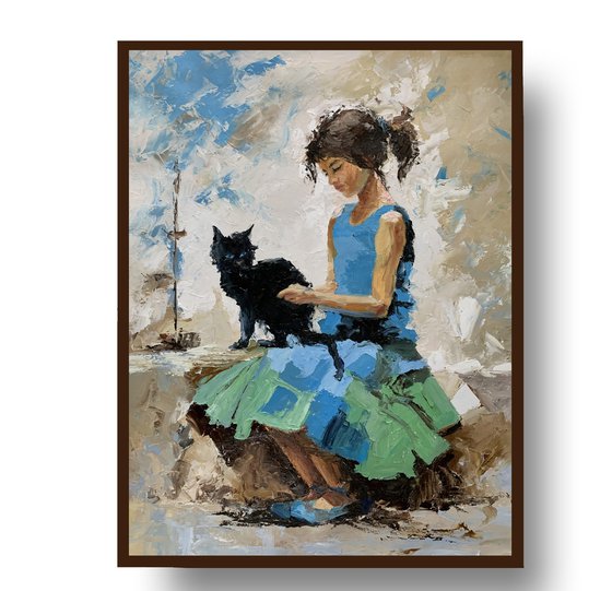 Girl with black cat.