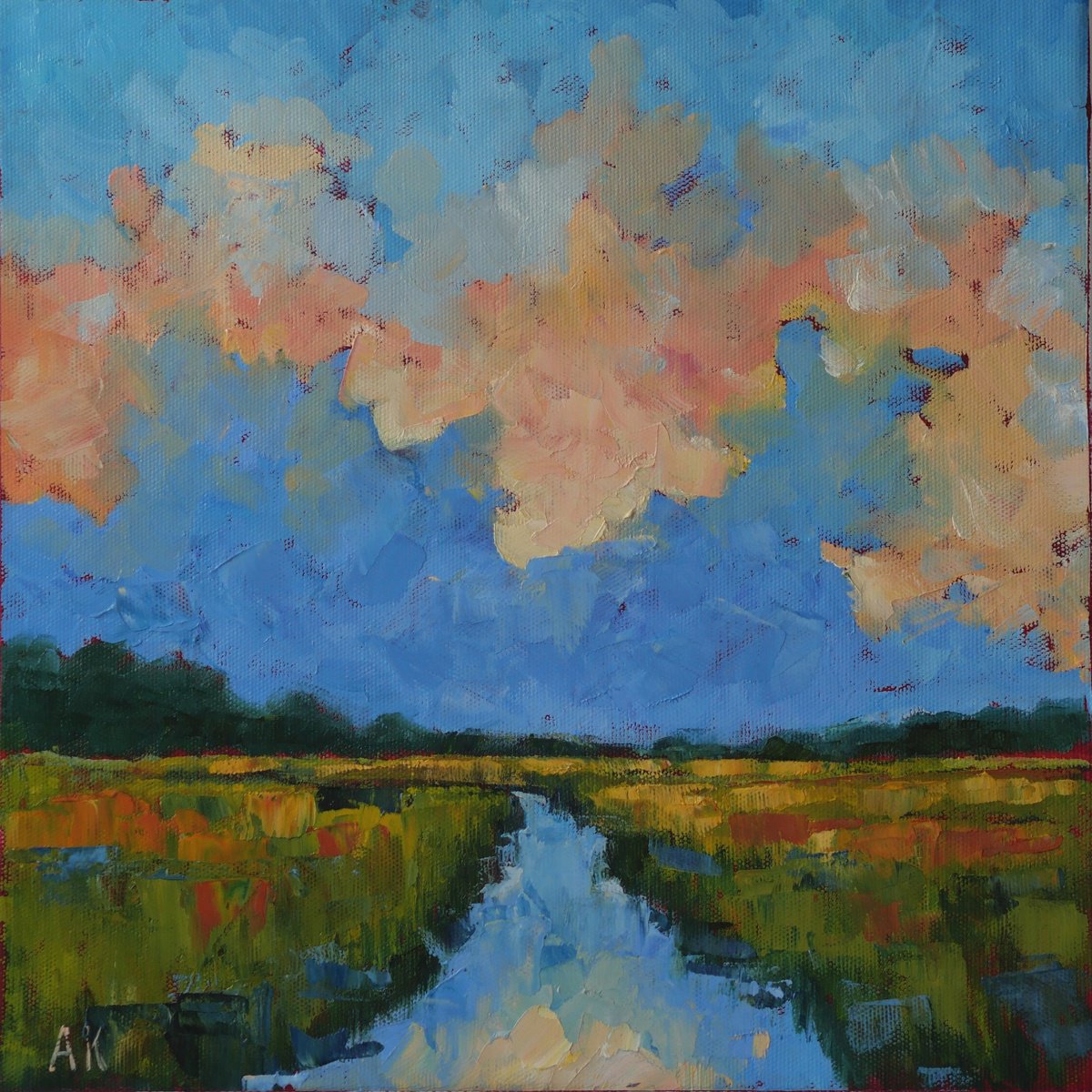 Expressive Landscape Oil Painting By Alfia Koral, 12 X 12, Dream Valley 1, Original Artwork