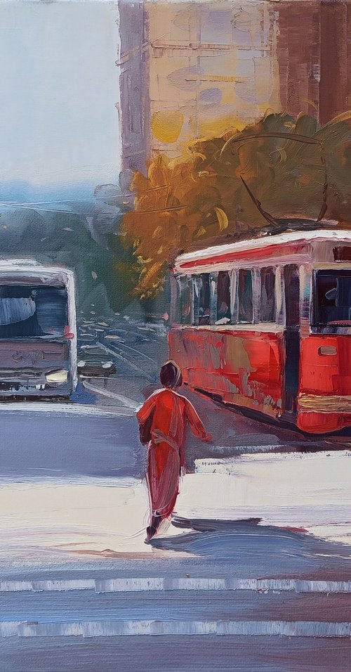 Cityscape with red  tram by Kamo Atoyan