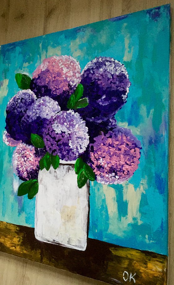 BOUQUET OF Purple and Pink  hydrangea in a white vase palette  knife Original Acrylic painting office home decor gift