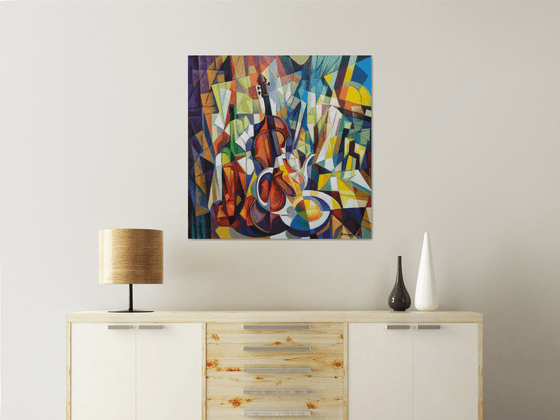 still life with violin (80x80cm, cubism, oil painting, ready to hang)