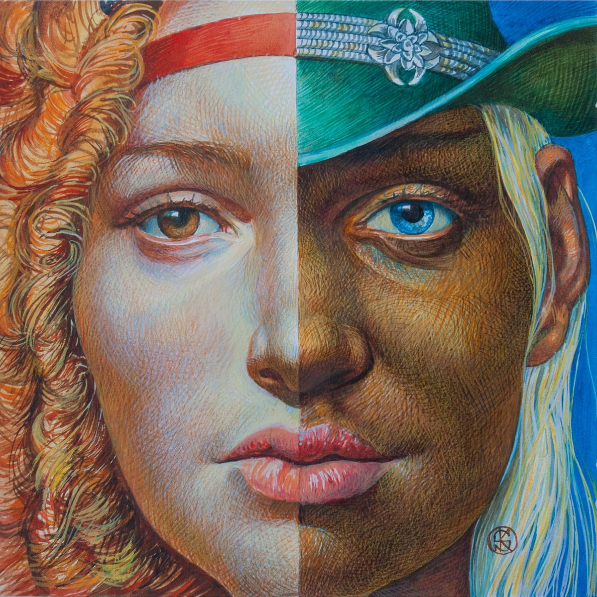 Graphic Portrait Watercolour By Yaroslav Kurbanov, 20 X 20", North And South, Original Artwork