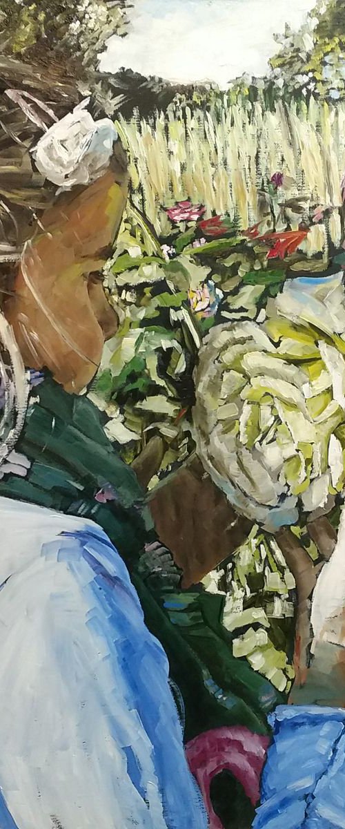 Gentle touch - impressionistic painting with girl touching the rose by Leonid Plekhanov