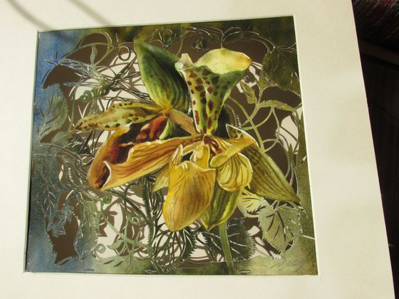 ladyslipper orchid with dragonfly watercolor paper cut