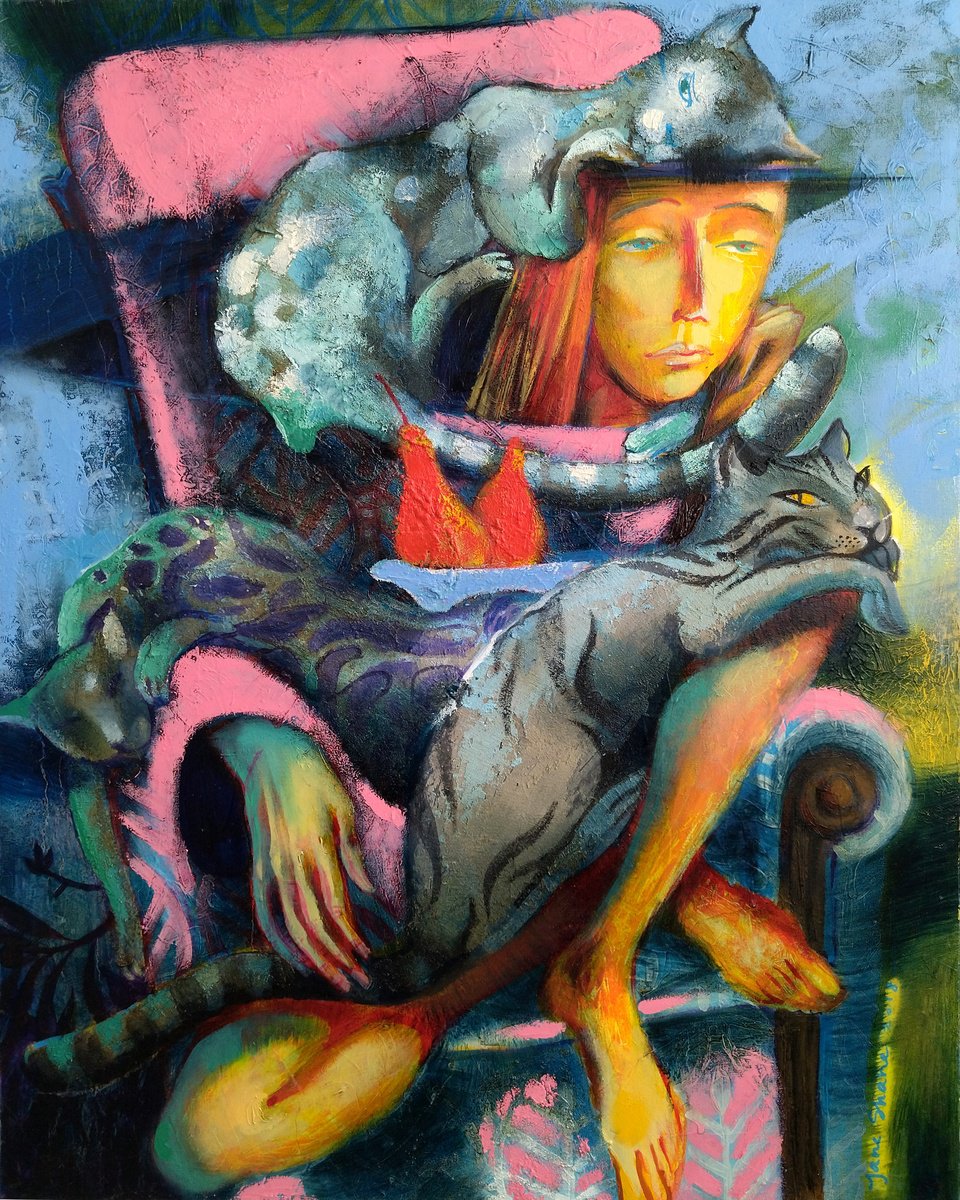 Expressive Portrait Painting By Margot Raven, 24 X 30", In A Chair, Original Artwork