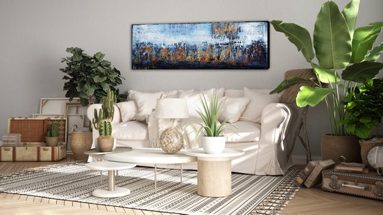 COOL BREEZE * 71" x 23.6" * ABSTRACT ACRYLIC PAINTING ON CANVAS *** BLUE * WHITE * GOLD