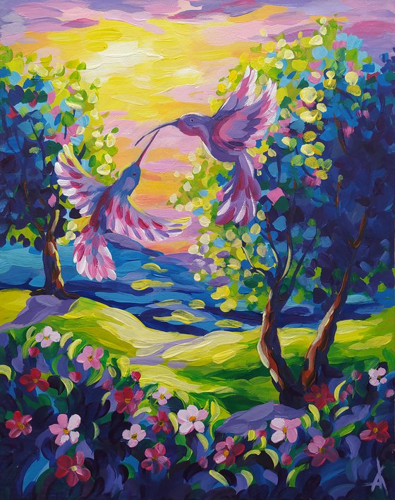 Peaceful time - acrylic, sunset, flowers, landscape, trees, forest, painting, landscape art, trees acrylic painting, birds, birds in love, painting, landscape painting