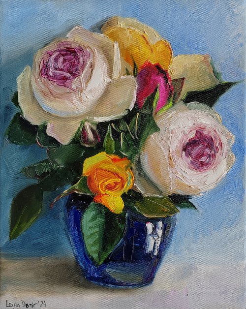 Pink and white roses bouquet in porcelian vase oil painting original still life 10x12" by Leyla Demir