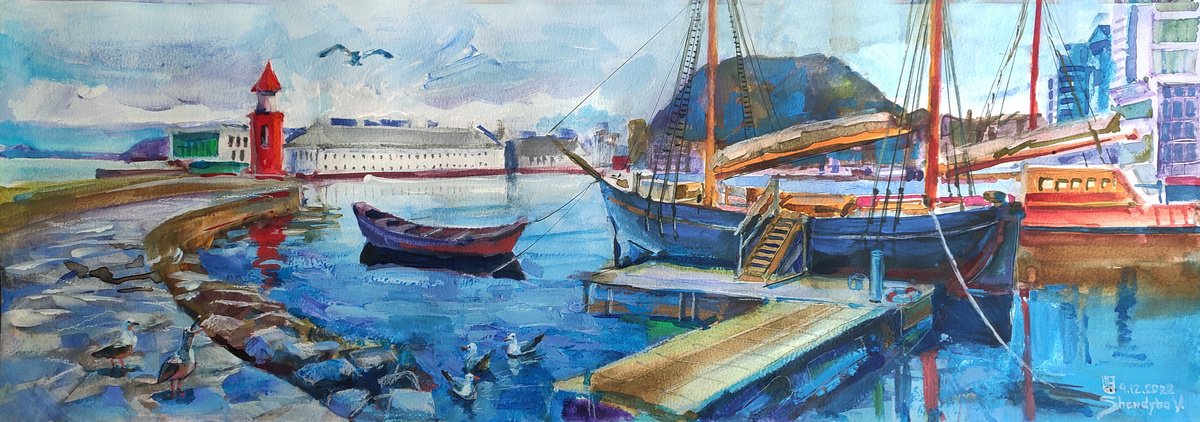 Impressionistic Landscape Watercolour By Vladimyr Shandyba, 38 X 15", Harbor At The Lighthouse, Original Artwork
