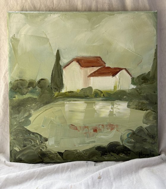 Toscana hills white houses with lake.
