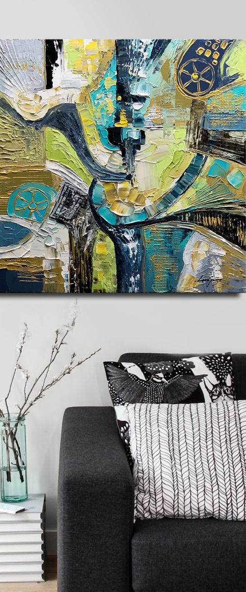 Abstract Painting, Spring Colors, Teal Green Gold, ORIGINAL Textured Modern Textured Palette Knife by Lana Guise