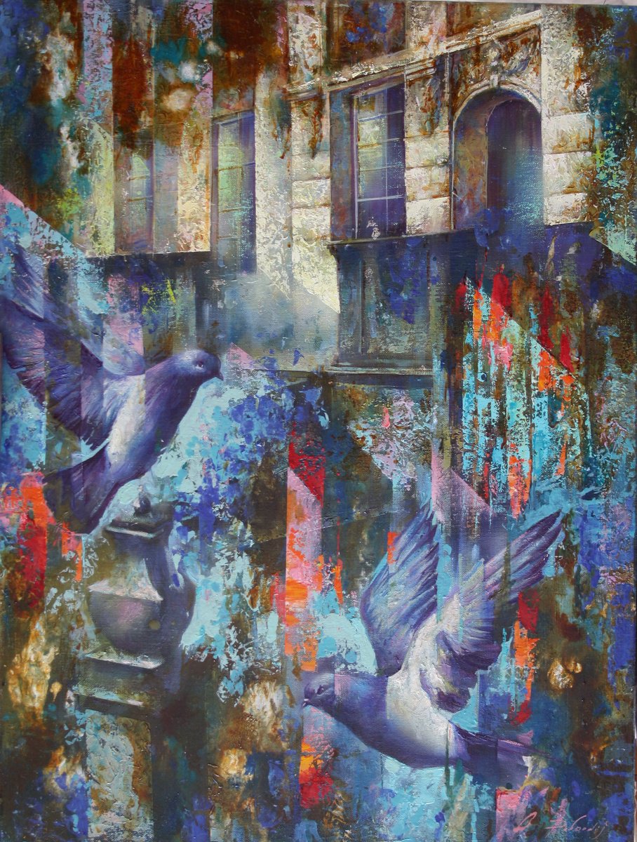 Impressionistic Cityscapes Oil Painting By Alexandr Dobrodiy, 24 X 31, Pigeons In The City (2023), Original Artwork