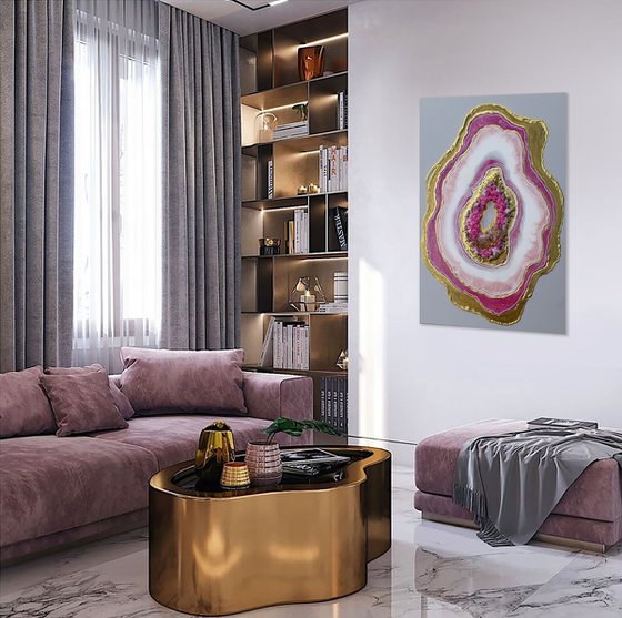 57x39cm. /Agate pink geode. Marble Art. Geode wall art, Gold, Pearl,Pink,  geode wall art Resin painting