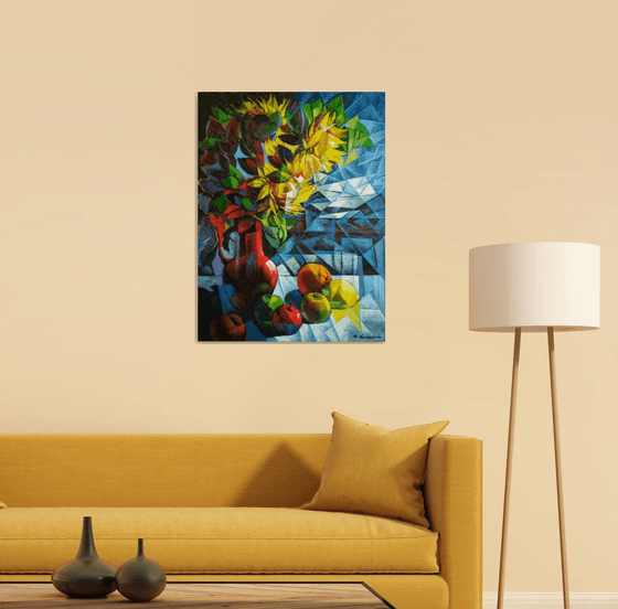 Still life with sunflowers (60x80cm, cubism, oil painting, ready to hang)