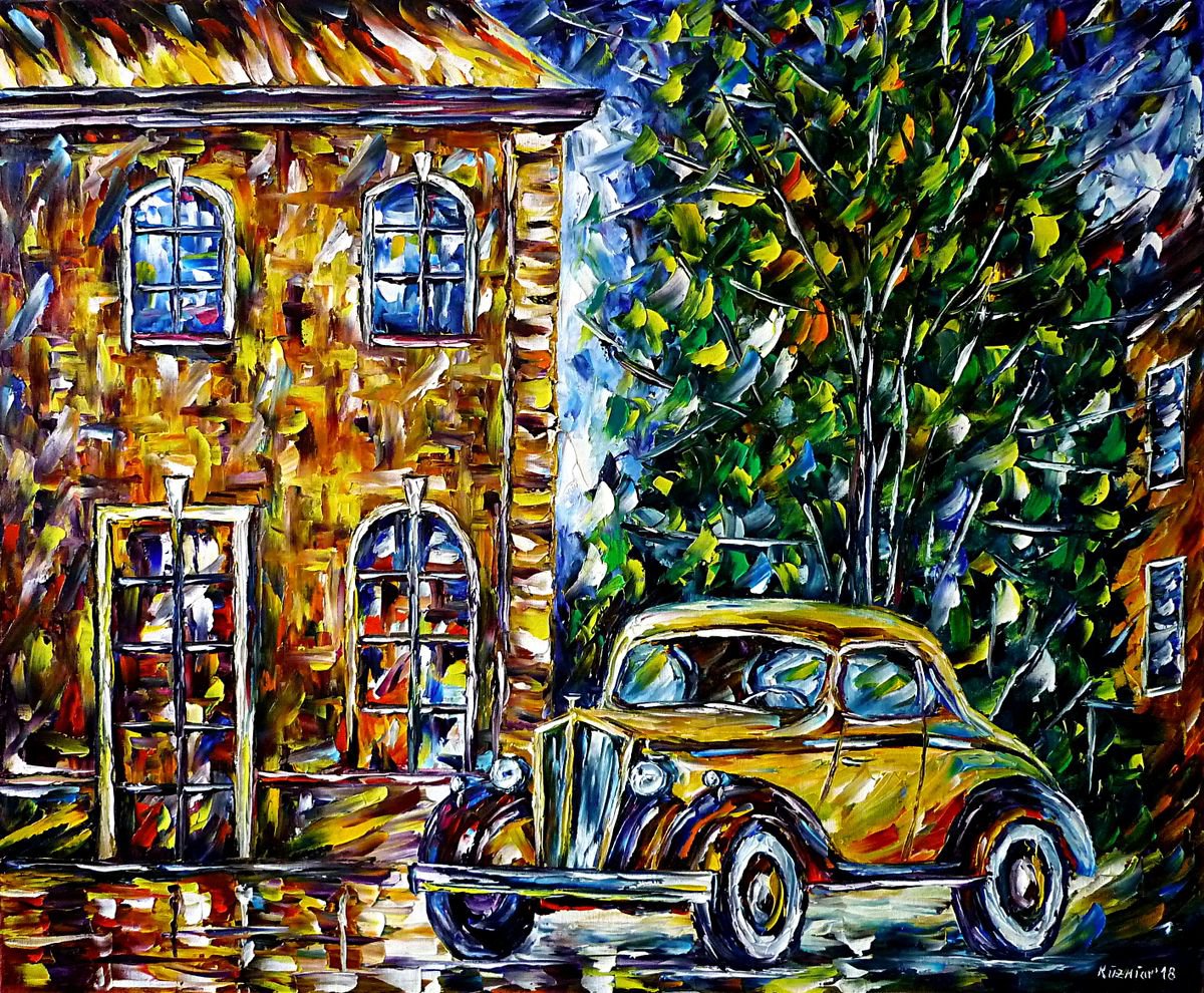 Expressive Cityscapes Oil Painting By Mirek Kuzniar, 33 X 28", Packard 120 Sport Coupe, Original Artwork