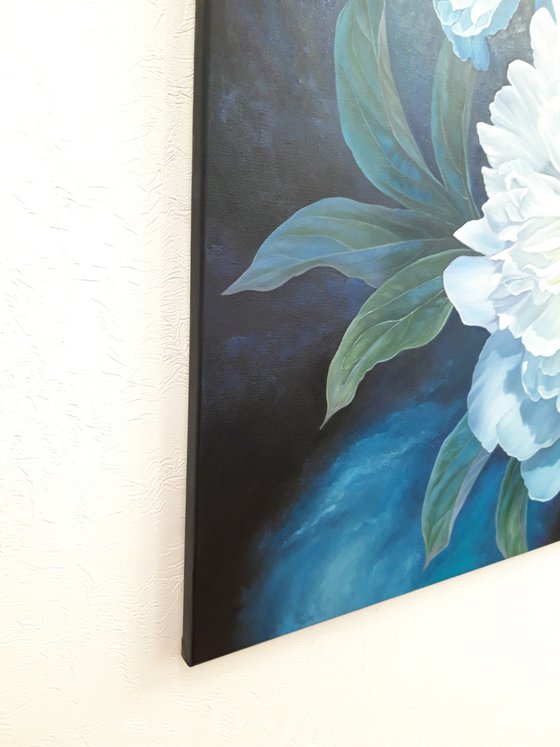 "Magic of peonies", white flowers painting