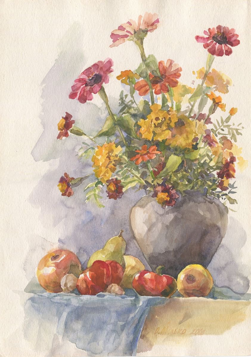 Still life with red pepper and zinnia / Flowers and harvest Fall watercolor by Olha Malko