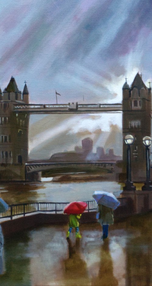 Tower Bridge London rain painting by Gordon Bruce