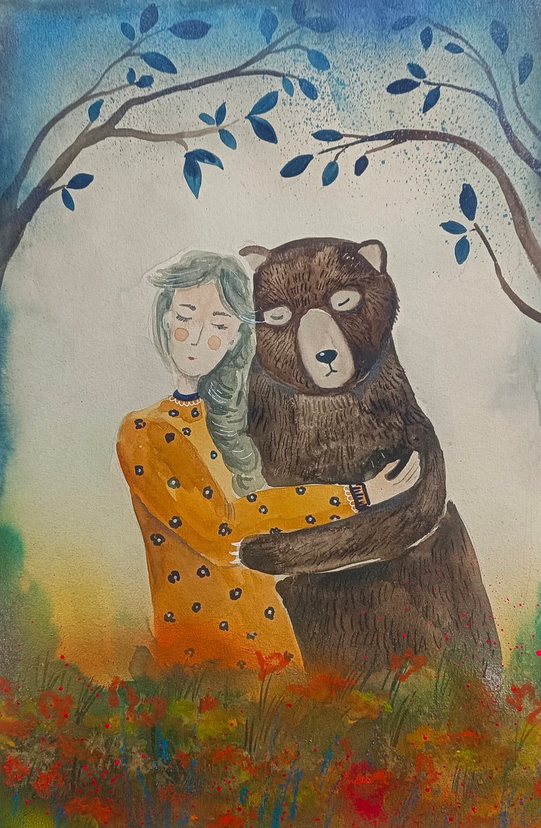 Illustrative Portrait Watercolour By Evgenia Smirnova, 12 X 17, Hugging A Bear, Original Artwork