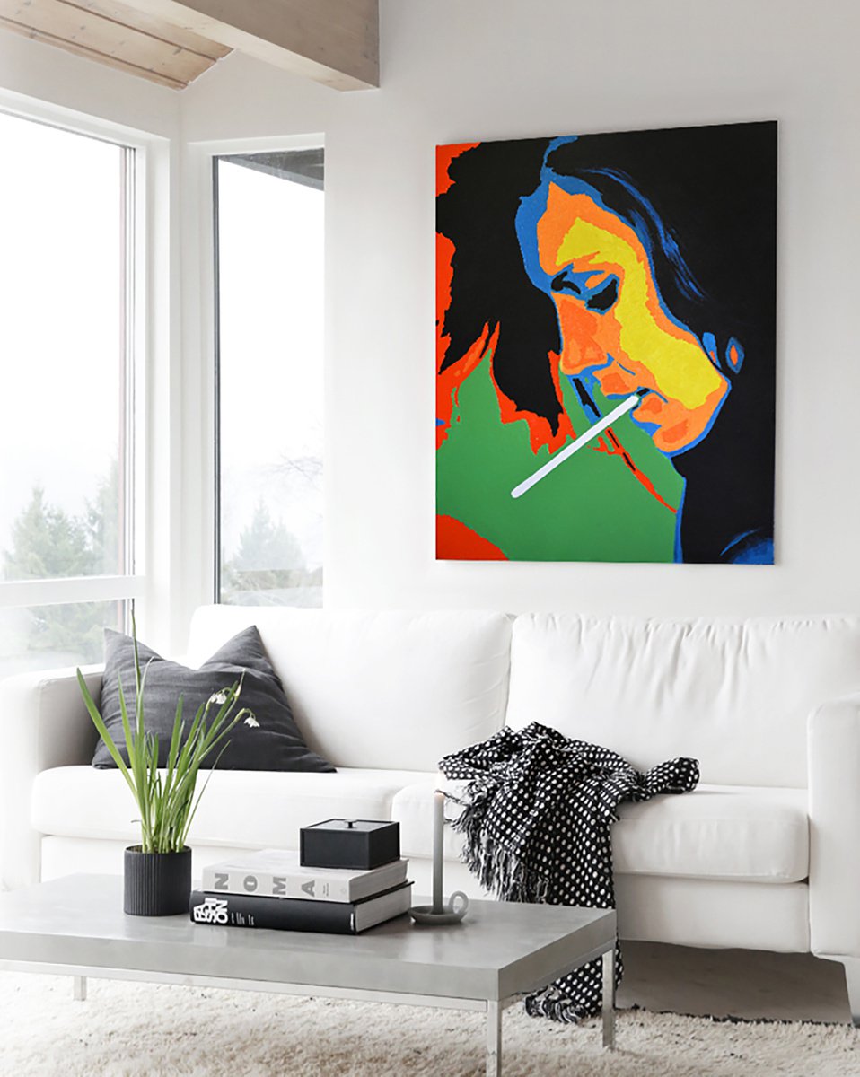 Urban And Pop Portrait Oil Painting By Nataliia Sydorova, 37 X 45", The Girl With A Cigarette, Original Artwork