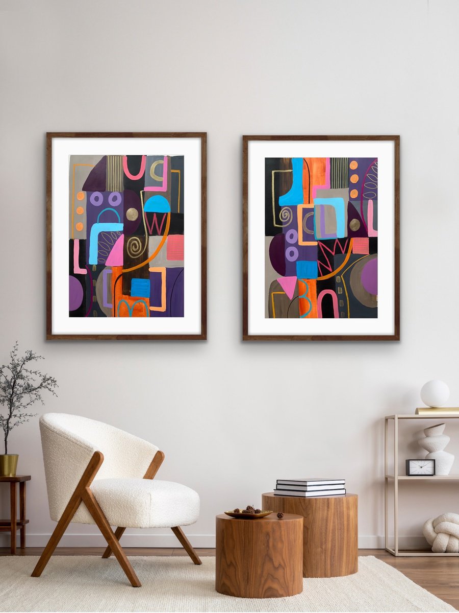Organic Abstract Acrylic Painting By Rashna Hackett, 20 X 27", Life In Colour (Diptych), Original Artwork
