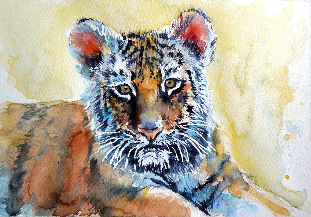 Impressionistic Animal Watercolour By Kovacs Anna Brigitta, 10 X 7", Tiger Cub, Original Artwork
