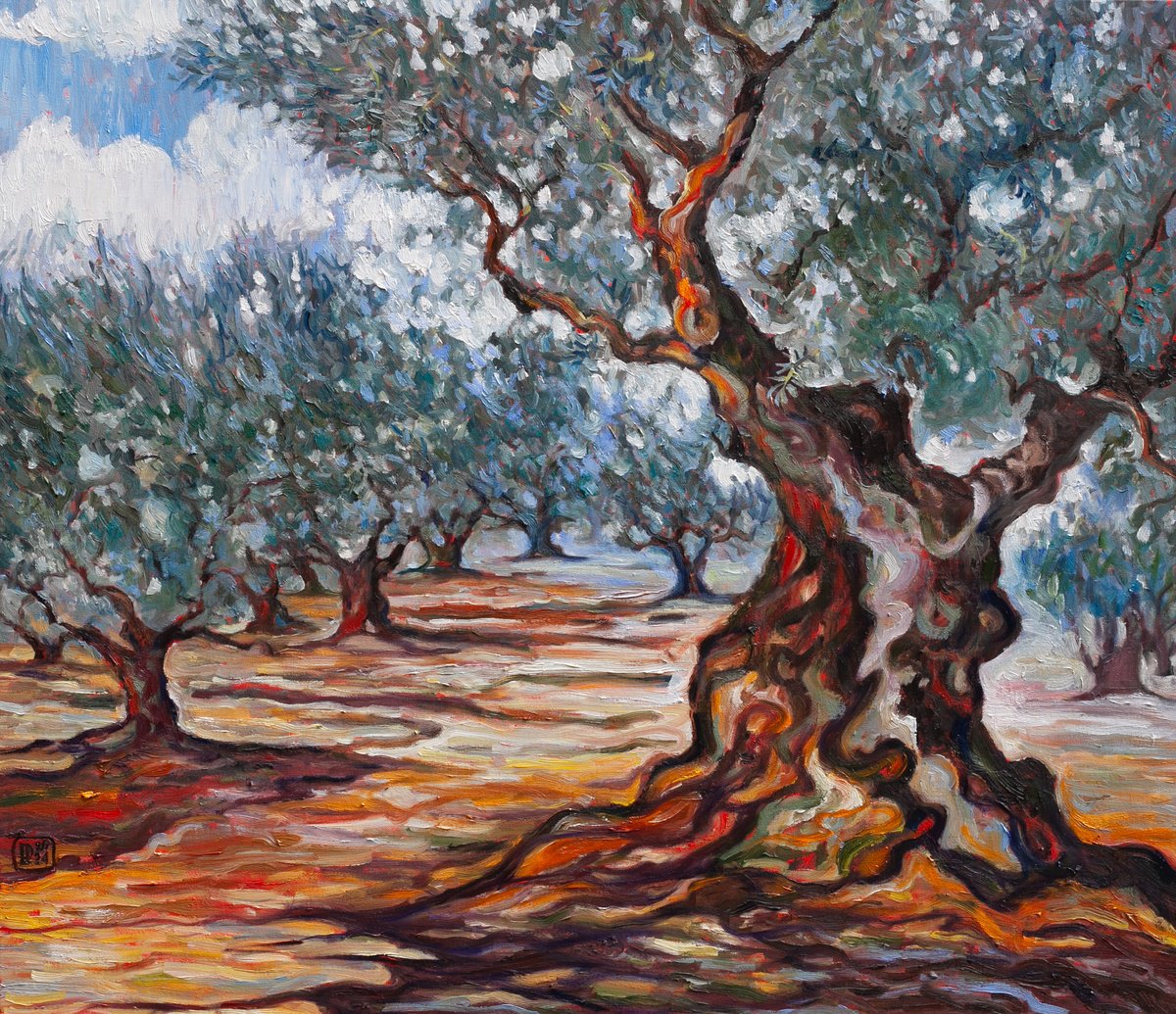 Expressive Landscape Oil Painting By Liudmila Pisliakova, 28 X 24", Olive Grove, Original Artwork