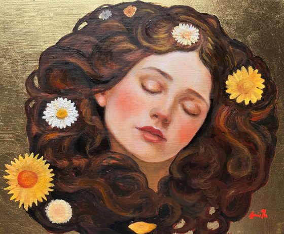 Dream of Flowers: Gold leaf oil portrait with frame.