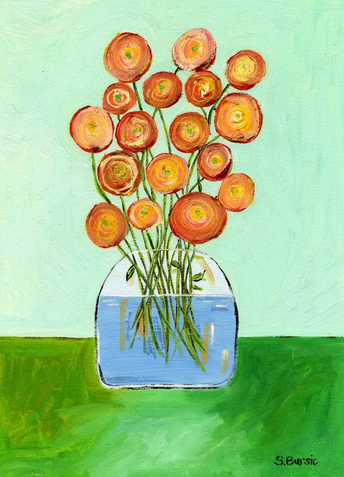 Vase with red orange flowers by Sharyn Bursic