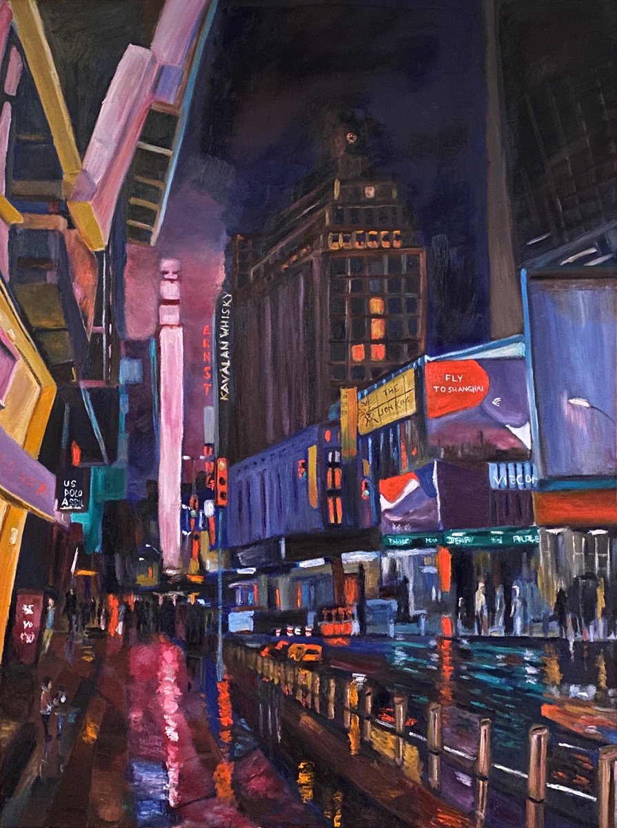 Impressionistic Cityscapes Oil Painting By Geeta Yerra, 35 X 47, Times Square, New York, Original Artwork