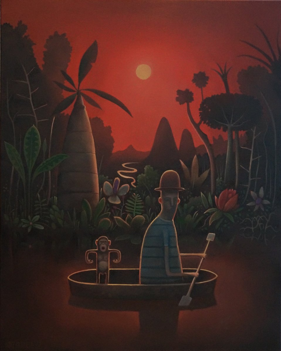 Naive Portrait Oil Painting By Rory Mitchell, 31 X 39", The Wonderings Of A Monkey, Original Artwork