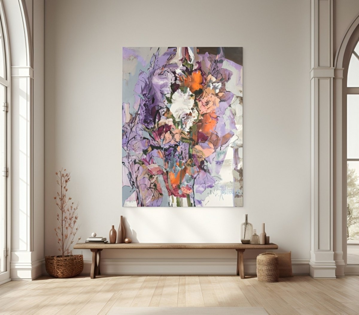 Abstract Botanical Oil Painting By Yelena Ralina, 47 X 63", Gladioli, Original Artwork