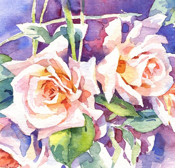 "Purple garden twilight. Orange roses and intertwining branches"  original watercolor