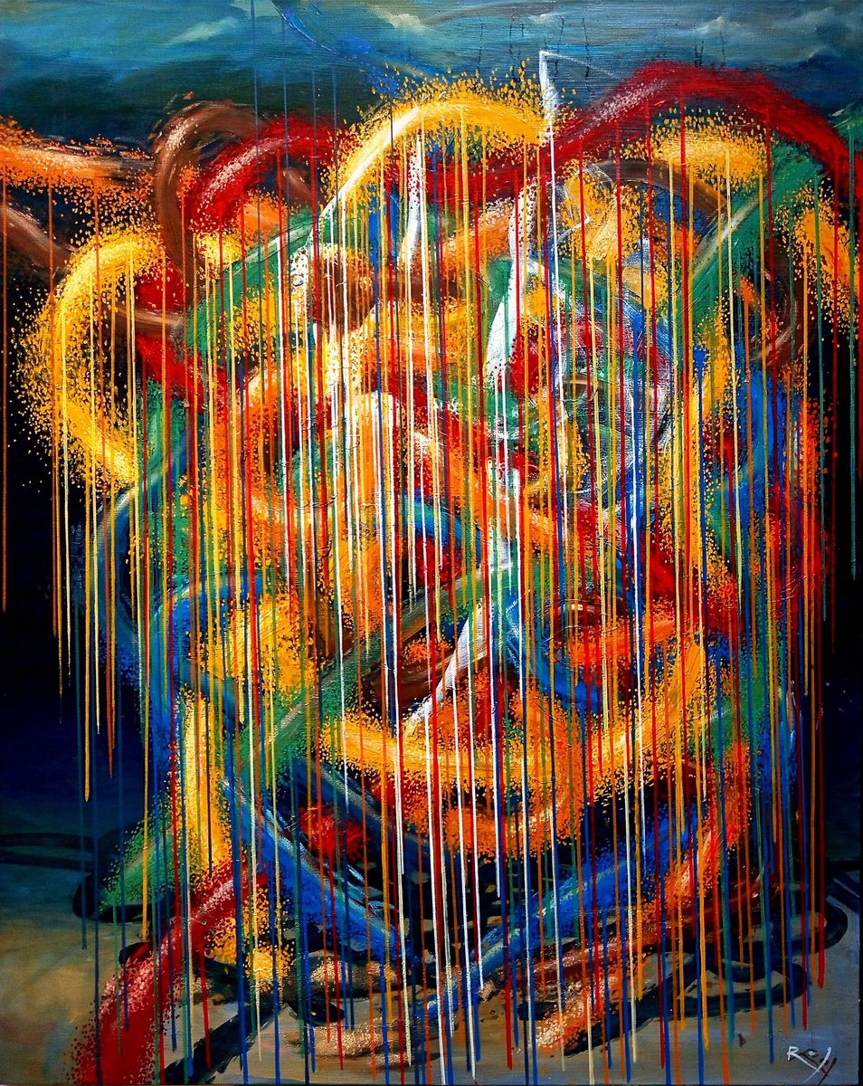 Abstract Oil Painting By Serhiy Roy, 31 X 39", The Colored Rain Mixed All ., Original Artwork