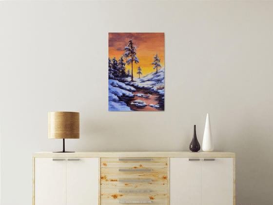 Winter sunset Landscape with trees under snow
