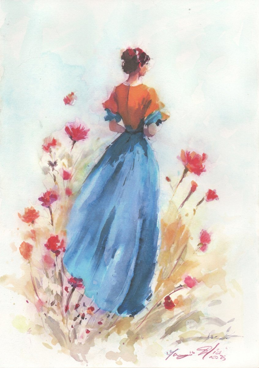 Impressionistic Portrait Ink Drawing By Maurizio Puglisi, 8 X 11", Lost Garden, Original Artwork