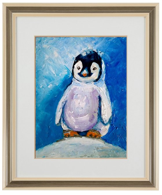 Penguin Painting Original Art Cute Bird Artwork Snow Wall Art