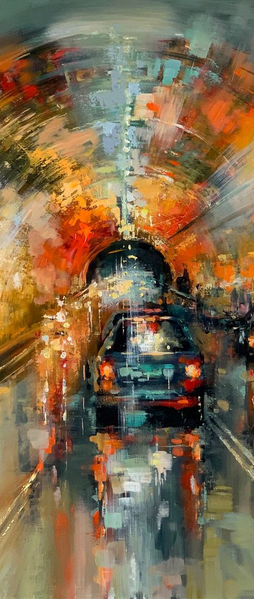 Fun Day Ahead - Oil City Scene Painting 90 x 90 cm by Sandra Zekk