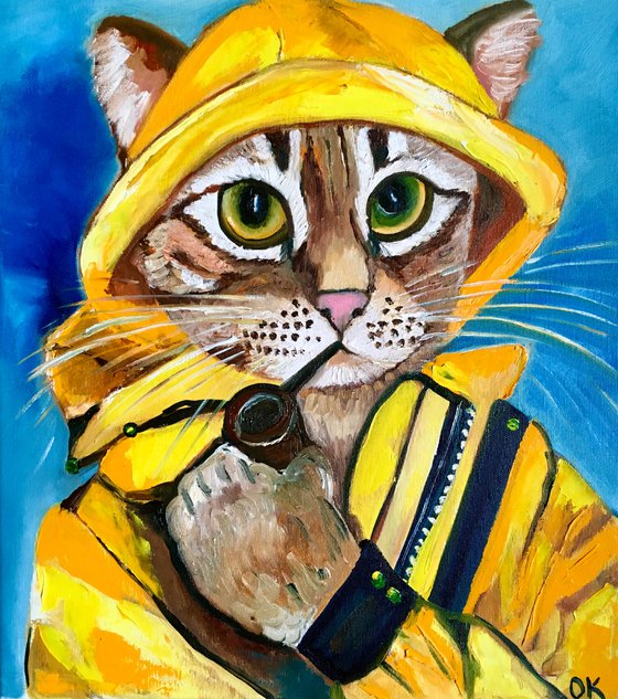 Troy The  Cat, fisherman  oil painting for cat lovers