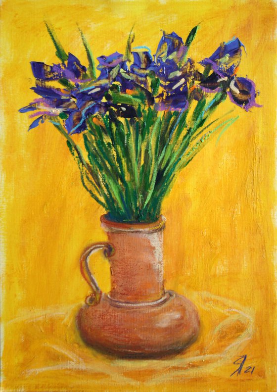 IRISES IN A CLAY VASE II / ORIGINAL PAINTING