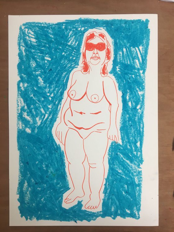 Brenda, Beach Body Portrait - Original Signed Pencil and Oil Pastel Drawing - A3