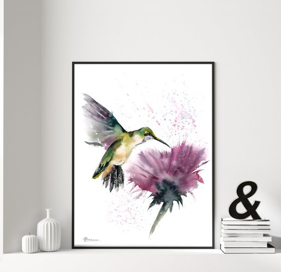 Flying Hummingbird and Flower