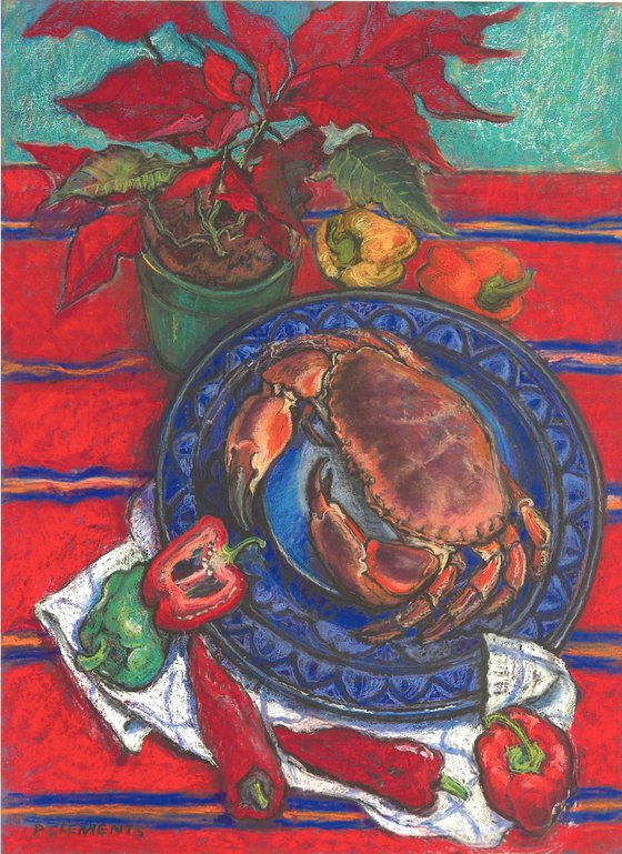 Still life with Crab and Christmas Poinsettia